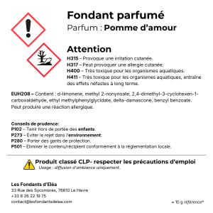 Étiquette CLP du fondant parfumé Pomme d’amour – cliquez pour agrandir