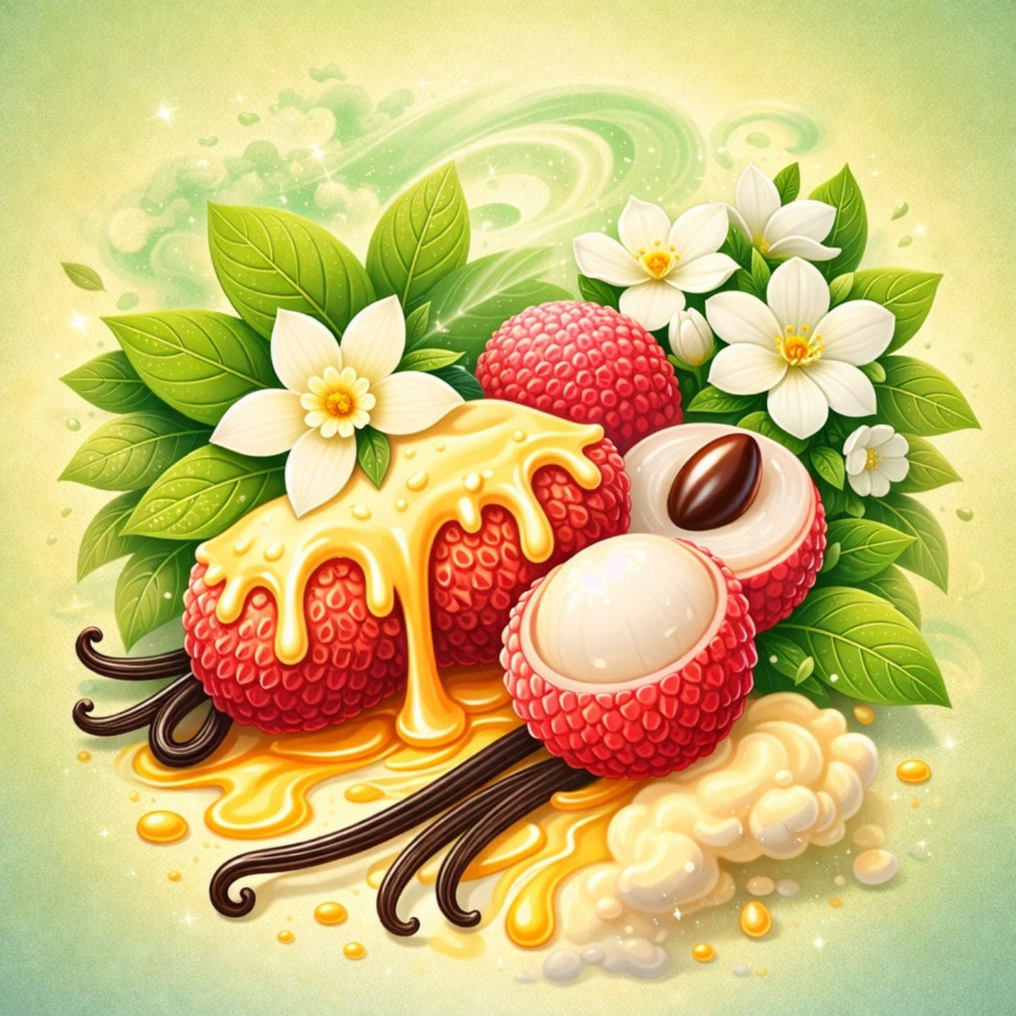 Illustration parfum litchi exotique avec vanille fleurs blanches et crème ambiance douce et élégante