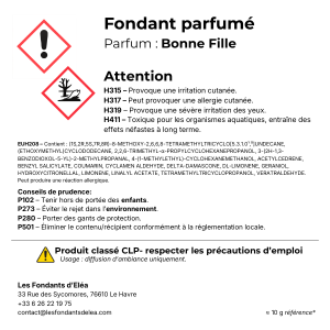 Étiquette CLP du fondant parfumé Bonne Fille – cliquez pour agrandir