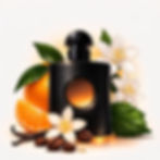 Illustration parfum Obsession Noire aux notes d’orange, café et vanille avec flacon noir intense
