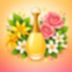 Illustration parfum Adorable avec flacon stylisé doré entouré de fleurs de vanille, rose et fleurs blanches