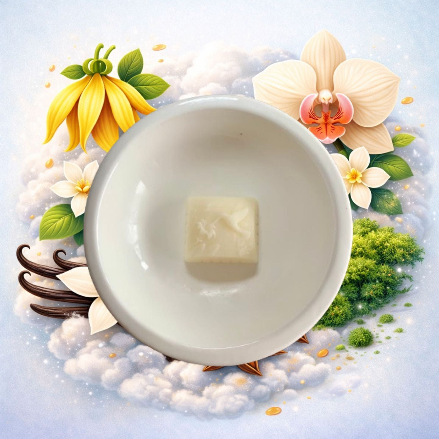 Fondant parfumé musc blanc avec univers olfactif fleurs vanille et mousse parfum d’intérieur chaleureux