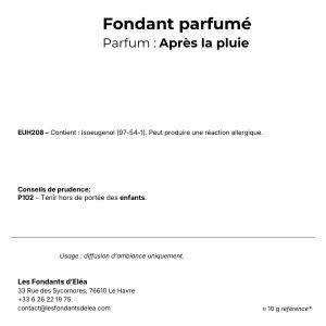 Étiquette CLP du fondant parfumé Après la pluie – cliquez pour agrandir