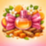 Illustration parfum Candy aux notes d’orange, caramel et fleurs blanches avec flacon rose gourmand