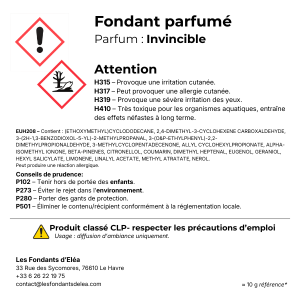 Étiquette CLP du fondant parfumé Invincible – cliquez pour agrandir
