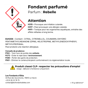 Étiquette CLP du fondant parfumé Rebelle – cliquez pour agrandir
