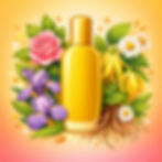 Illustration parfum Élixir aux notes florales de rose, iris et fleurs blanches sur fond lumineux