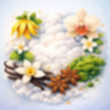 Illustration olfactive musc blanc avec fleurs vanille et notes boisées composition parfum d’intérieur