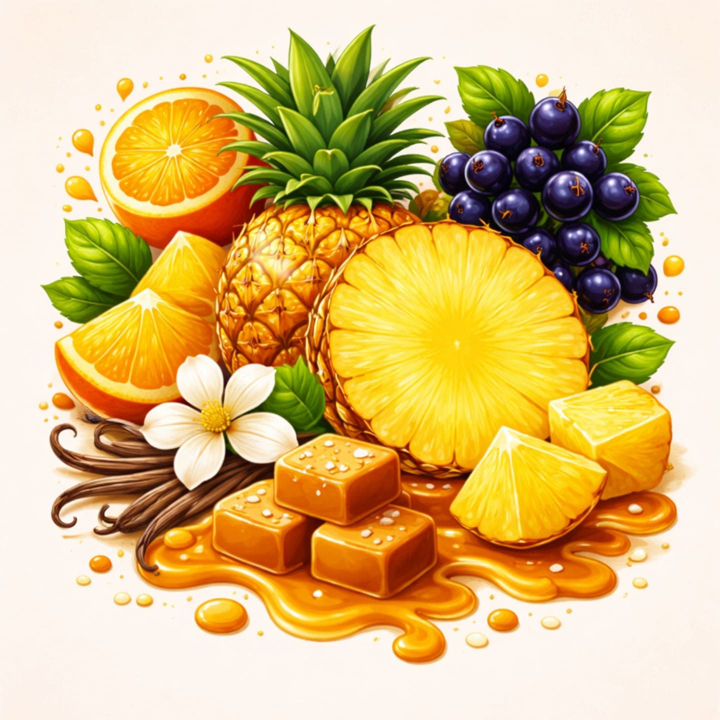Illustration parfum ananas exotique avec agrumes vanille et caramel ambiance ensoleillée