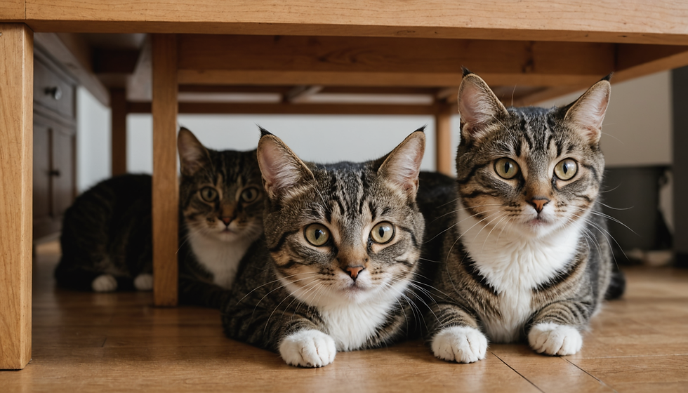 Anxious cats under the table.