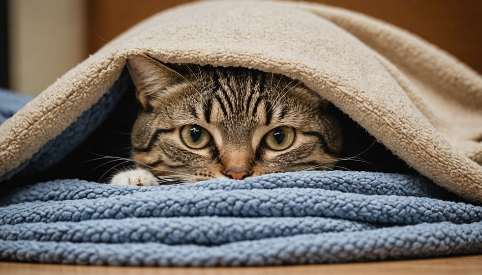 A cat hiding under the blanket.