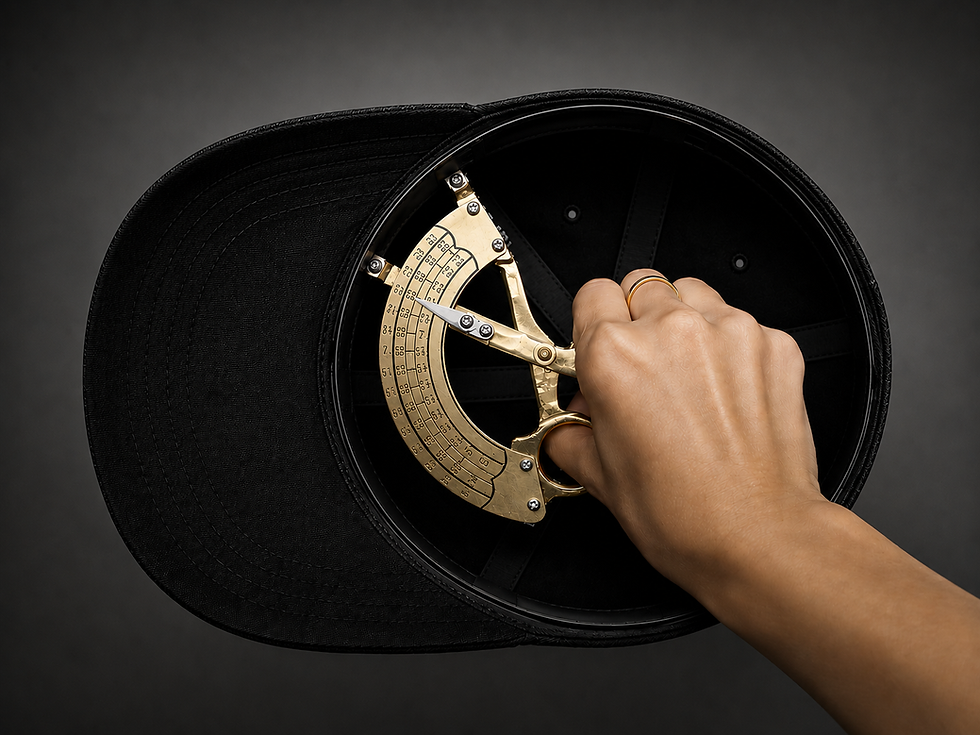 Hand using a brass hat sizer inside a black baseball cap.