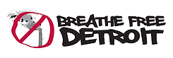 Logo for Breathe Free Detroit. A smokestack with a red circle-slash
