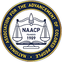 Logo for the NAACP Michigan Conference. The scales of justice evenly balanced with NAACP in the center and "founded 1909" underneath