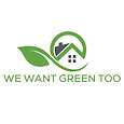 Logo for We Want Green Too. A house with a leaf growing from it.