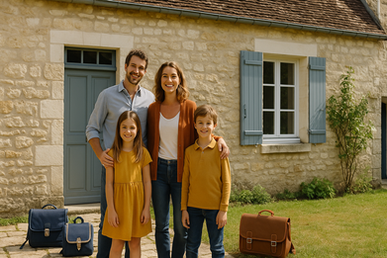 une maison familiale ensoleillée, avec un panneau "à vendre" et des enfants en cartable jouant dans le jardin.