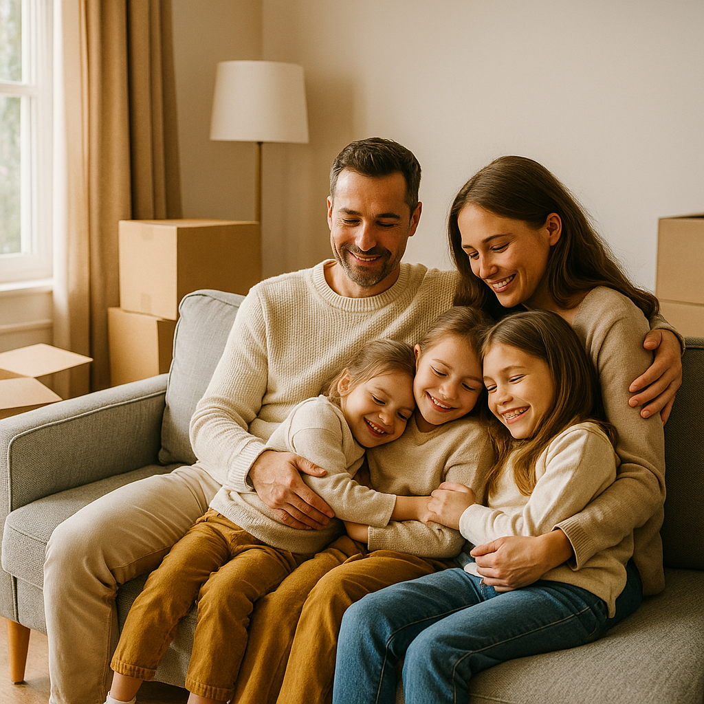 Famille souriante installée dans son nouveau salon, ambiance cocooning et rentrée scolaire, symbolisant le confort et la sérénité après un déménagement réussi.