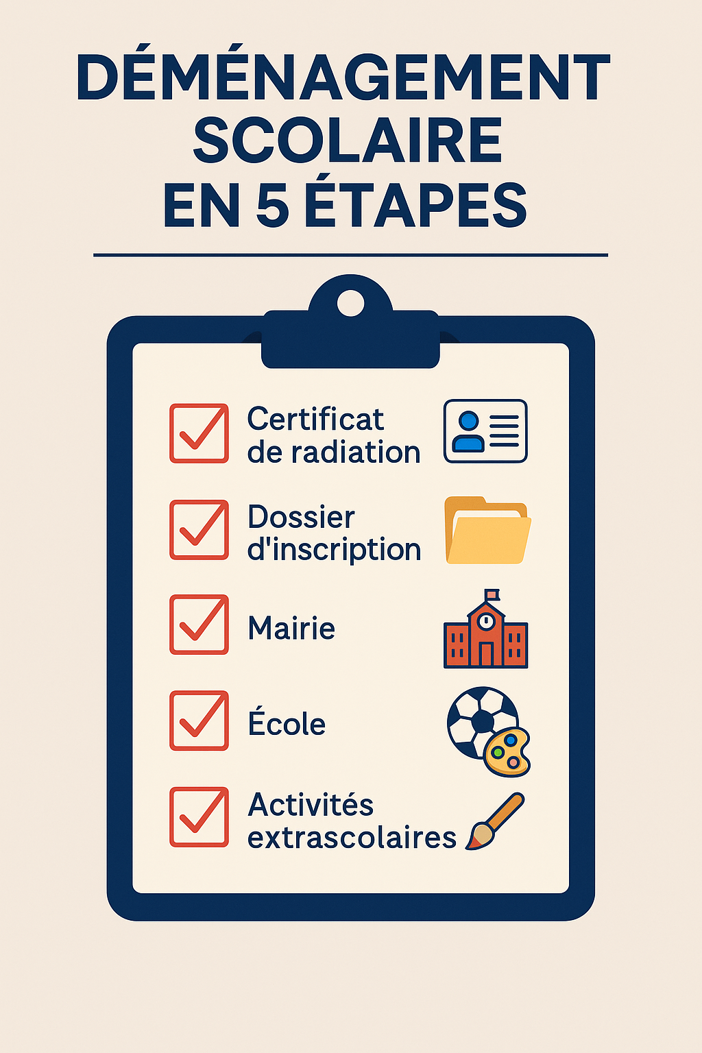 checklist illustrée "Déménagement scolaire en 5 étapes