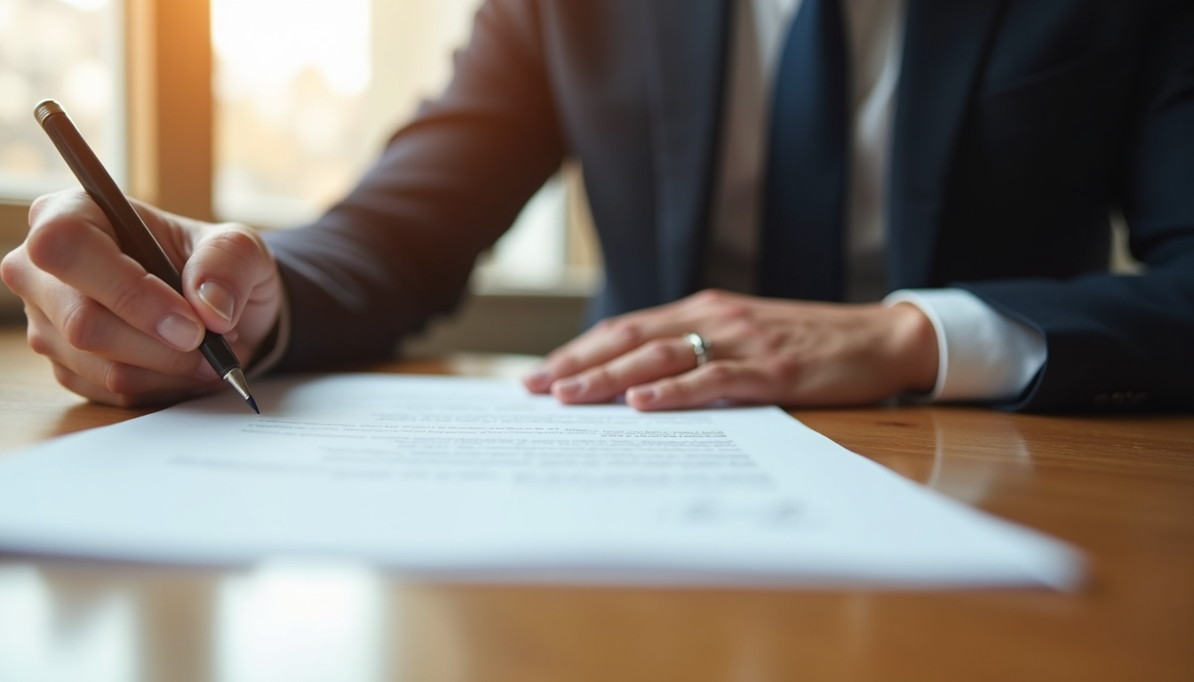 Vue rapprochée d'une main signant un contrat immobilier