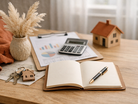 Photo d’un bureau lumineux avec carnet ouvert, stylo, calculatrice, documents d’analyse de marché et maquette de maison, illustrant une estimation immobilière gratuite et une expertise prix à Ballan-Miré, Joué-lès-Tours et Veigné.