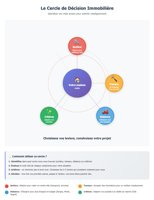 Cercle de décision immobilière : 4 leviers (surface, travaux, distance, critères) autour de la maison réelle