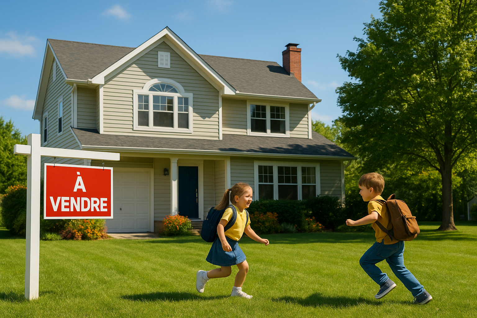 Maison familiale ensoleillée à vendre avec panneau et enfants en cartable jouant dans le jardin, illustrant un projet immobilier serein à la rentrée.