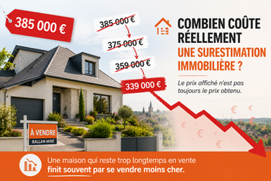 Surestimation immobilière à Ballan-Miré : illustration montrant une baisse progressive du prix de vente d'une maison après plusieurs mois sur le marché immobilier.