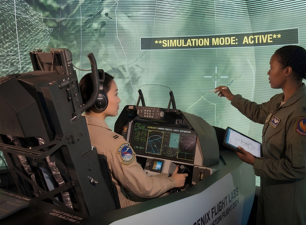 Military student pilot in a flight simulator cockpit running an active training scenario as an instructor reviews the displays
