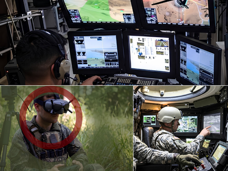 A collage of three images showcasing military technology: a drone operator sitting at a multi-monitor command station, a soldier in a forest wearing FPV drone goggles (highlighted with a red circle), and soldiers inside an armored vehicle monitoring tactical touchscreens.