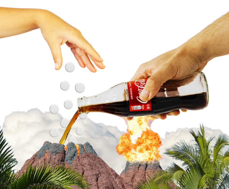 Surreal scene showing a hand pouring a bottle of Coca-Cola while another hand drops mentos into a volcano. Below, a volcano erupts with flames and smoke, set against a backdrop of palm trees and clouds