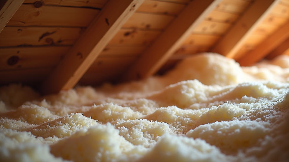 Close-up view of attic insulation and ventilation system