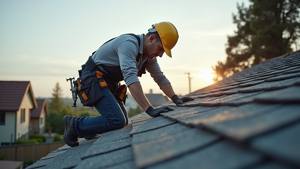 Eye-level view of a roofing contractor inspecting a residential roof