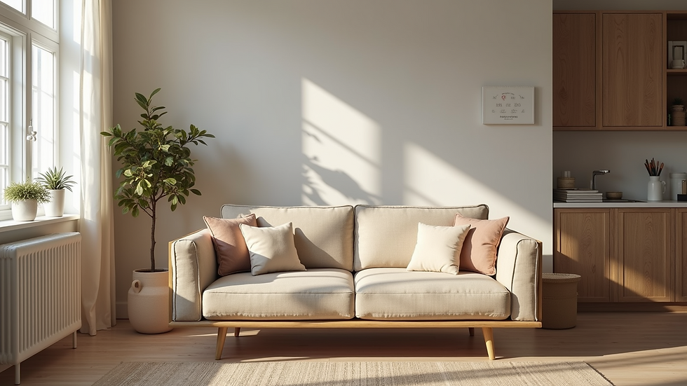 Eye-level view of a cozy family space with hypoallergenic furniture