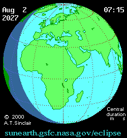 Animation einer Weltkarte zeigt eine Sonnenfinsternis über Afrika und Europa am 2. August 2027. Text unten: sunearth.gsfc.nasa.gov/eclipse.
