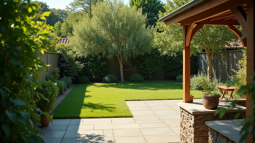 High angle view of a tranquil backyard space with greenery