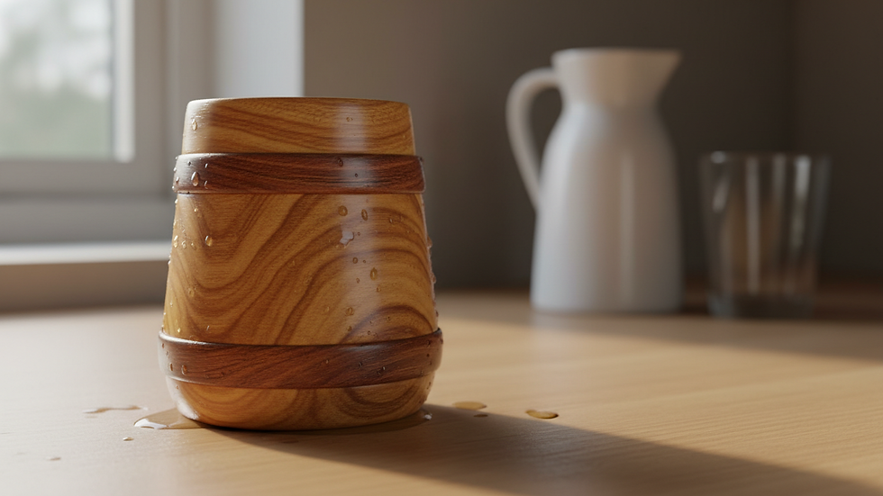Eye-level view of a wooden beer tankard drying on a kitchen counter