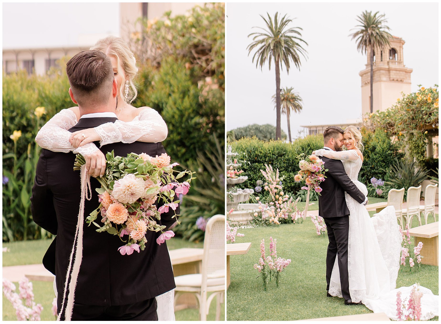 Bride and Groom outside in San Diego. Groom carrying a Bride with a pink and peach bouquet. 