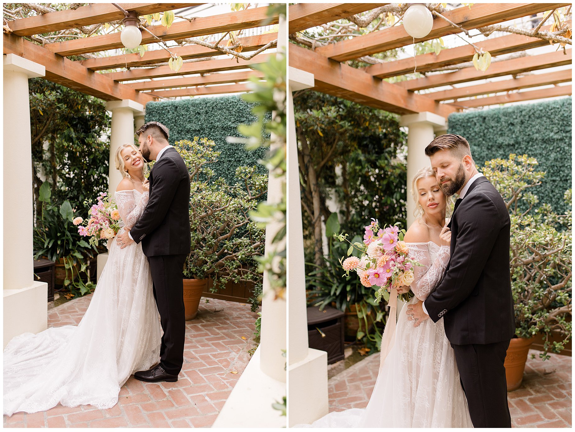 White Wedding Gown and Black Groom's Tux