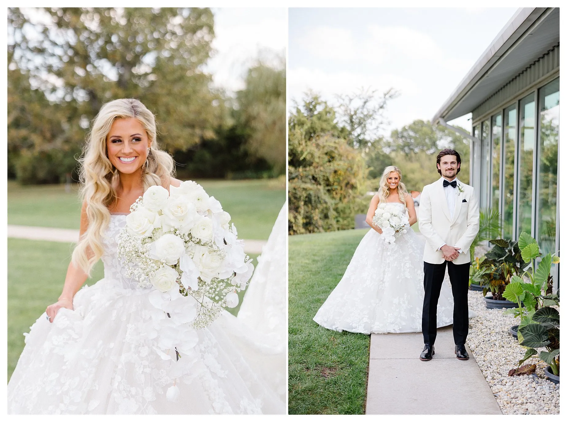 Bride in white gown holding bouquet and groom in white tuxedo outside near glass building. Green garden backdrop, joyful mood.