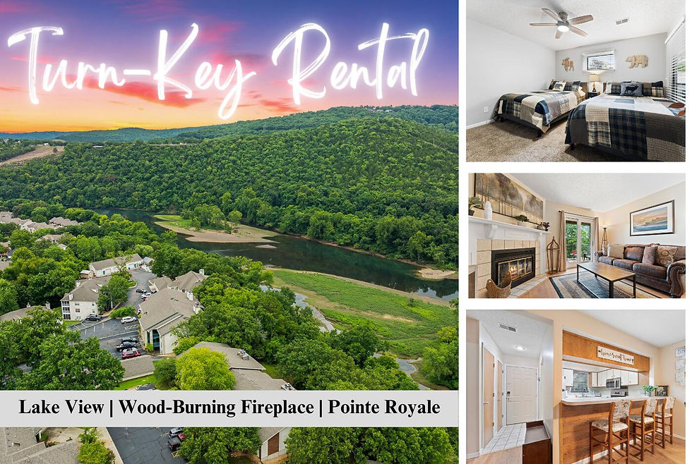 A collage showcasing a turnkey rental condo in the Pointe Royale Golf Course Community, Branson, MO. The main image highlights a stunning view of a lush green landscape with Lake Taneycomo in the distance at sunset. The smaller images include a cozy living room with a wood-burning fireplace, a modern kitchen with a breakfast bar, a bedroom with twin beds, and a welcoming entryway. Text overlay reads: "Turn-Key Rental" and "Lake View | Wood-Burning Fireplace | Pointe Royale.