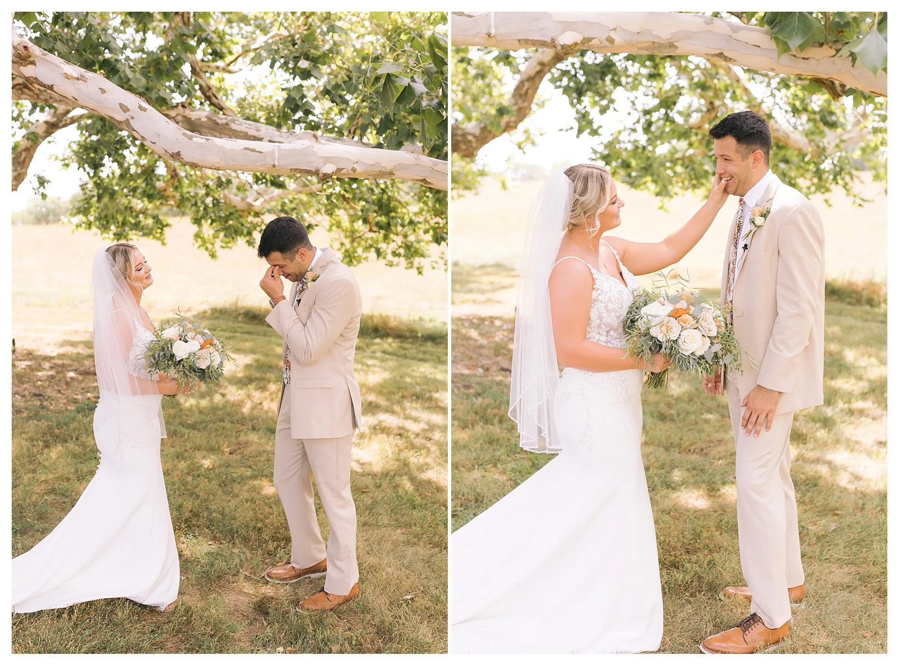 Bride and groom under a tree; she touches his face, holding a bouquet. He reacts emotionally. Sunny outdoor setting, joyful mood.