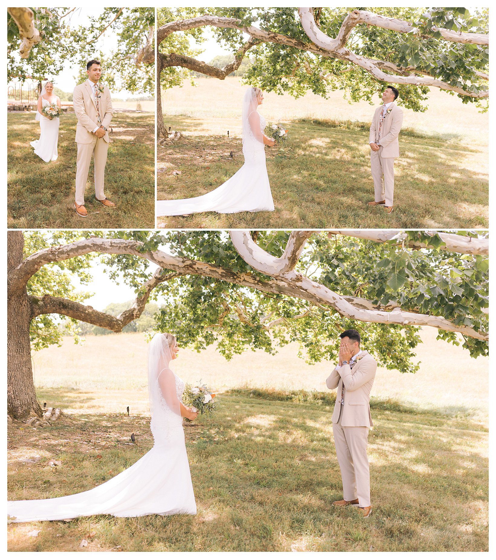 Bride in white gown approaches groom in tan suit under a large tree. Groom covers face in surprise. Sunny outdoor setting with green grass.