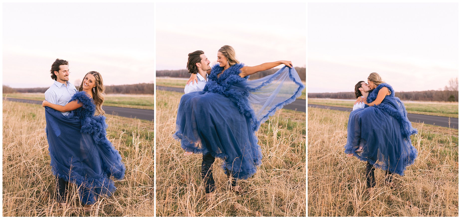 Long Blue Dress for an engagement session. Beautiful couple in love. He is lifting her off the ground!