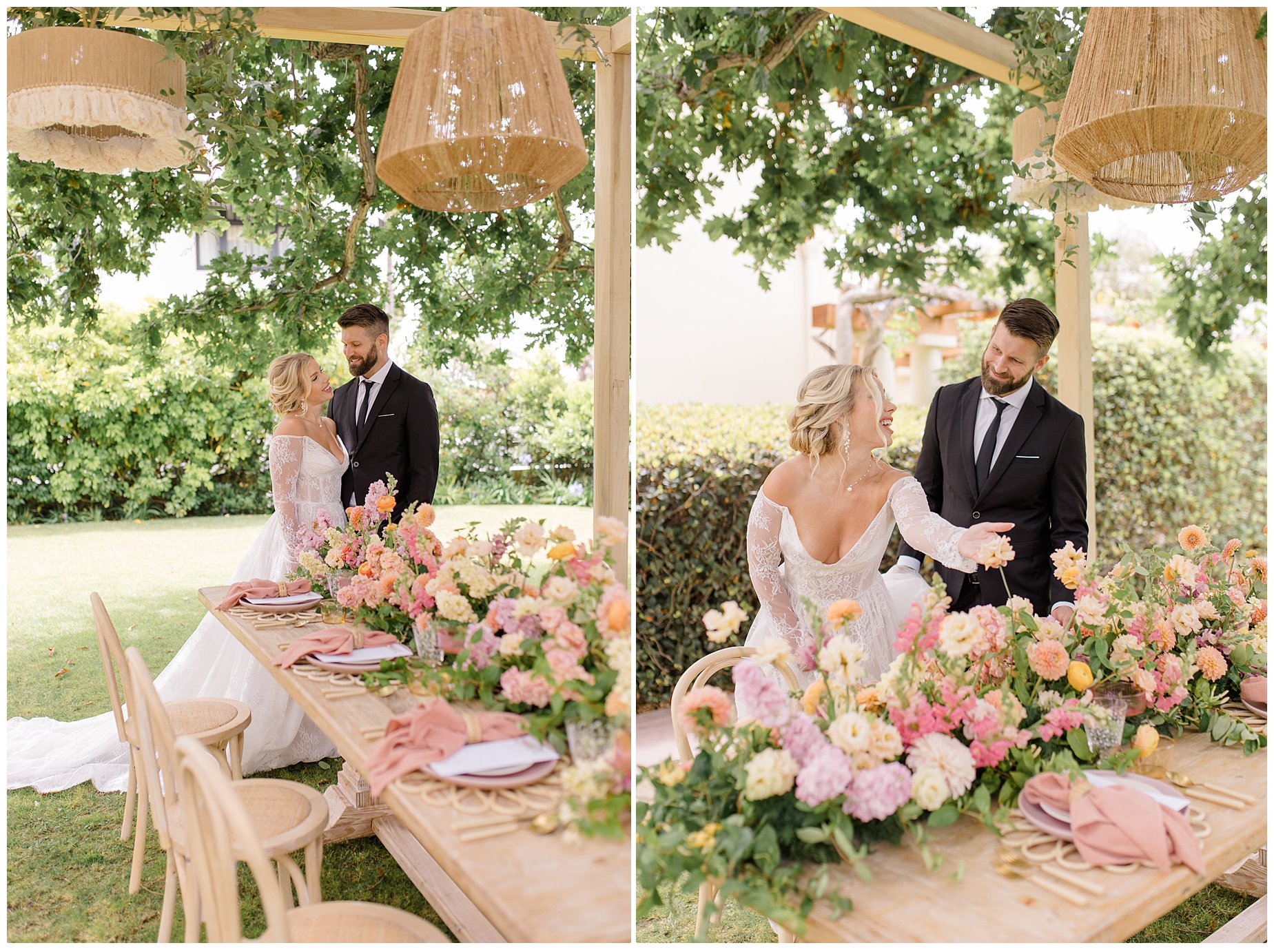 Bride and Groom looking at a tablescape of pink, yellow and peach florals.