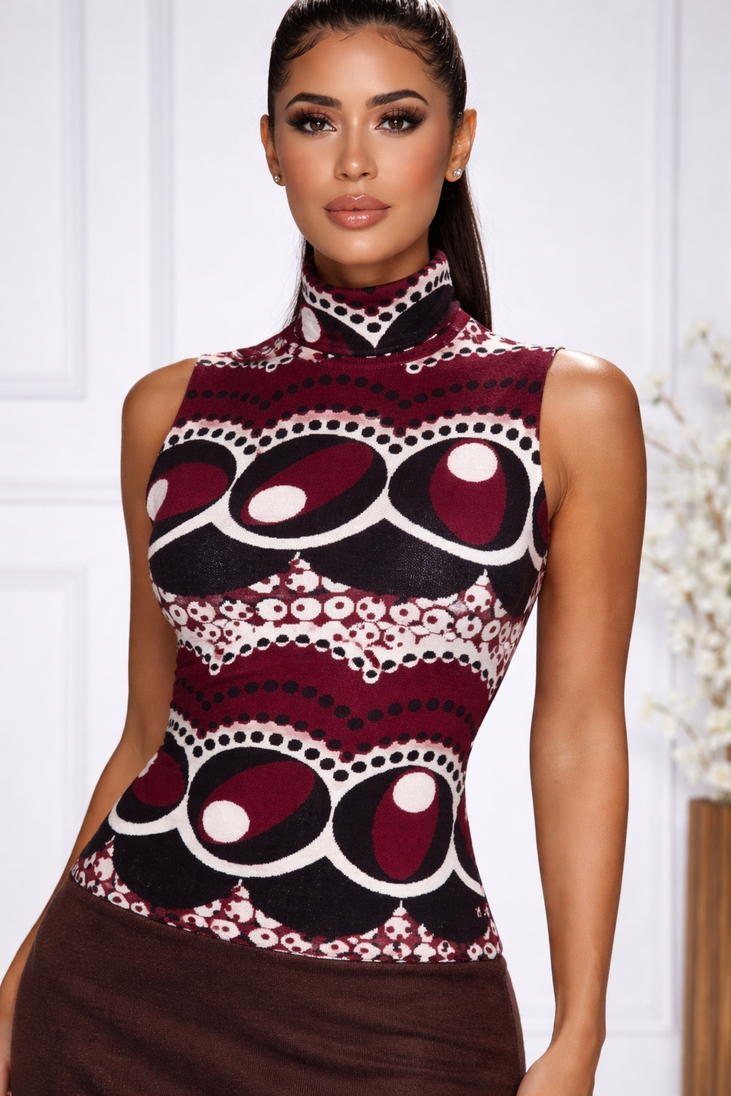 Retro Print Sleeveless Turtleneck Top – Burgundy & Black