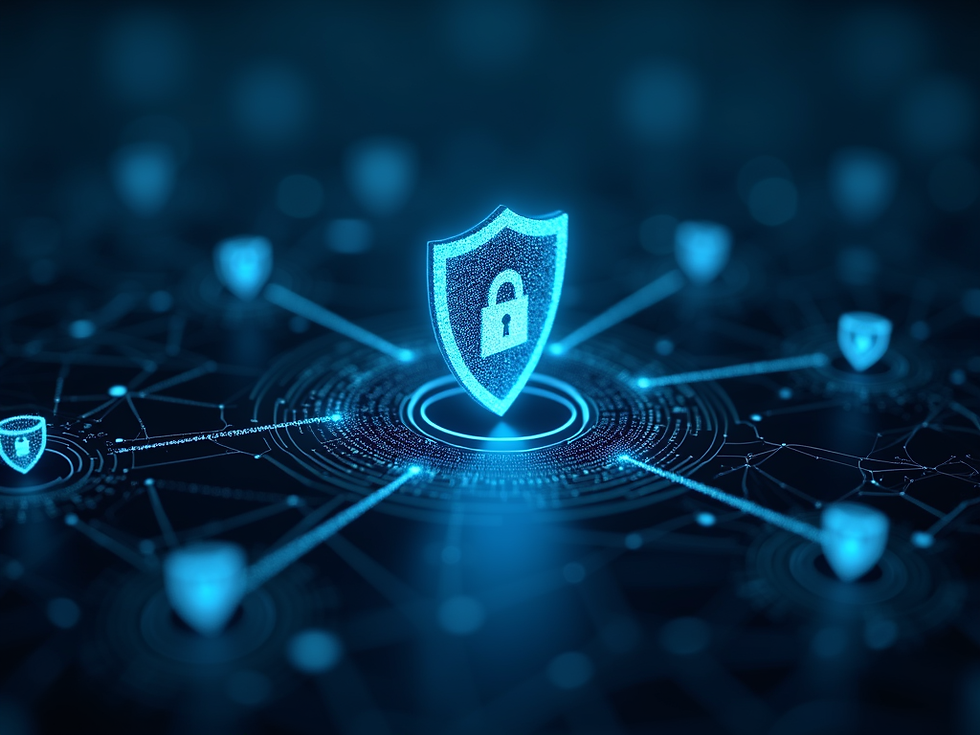 A digital shield icon protecting a network diagram, symbolizing cybersecurity for organiza