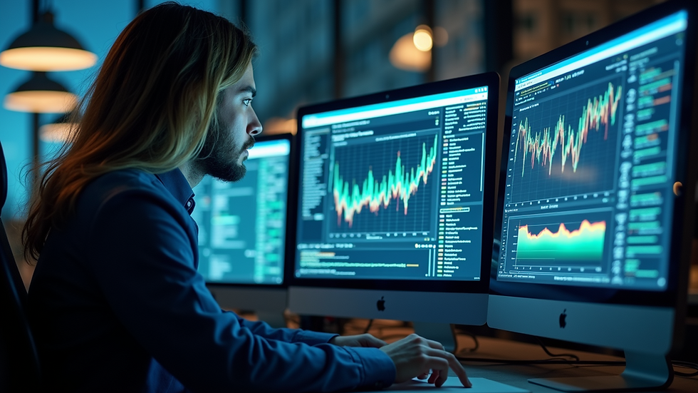 Close-up view of a cybersecurity professional analyzing data on multiple monitors
