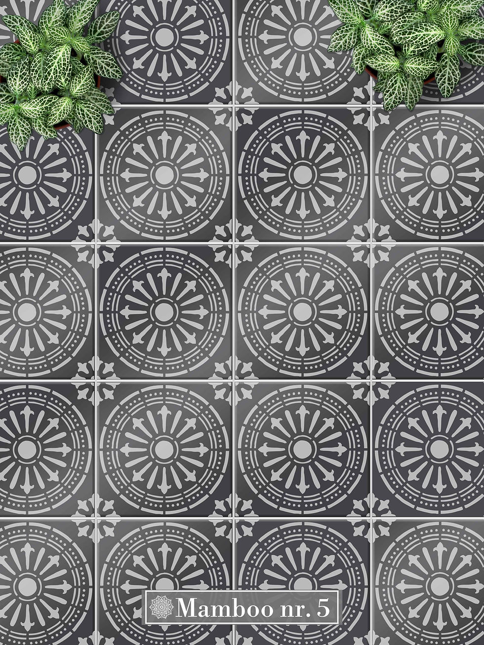 Hoogglans tegelvloer geverfd met tegelsjabloon Eleanora speels tegelpatroon ontwerp vloer sjabloon