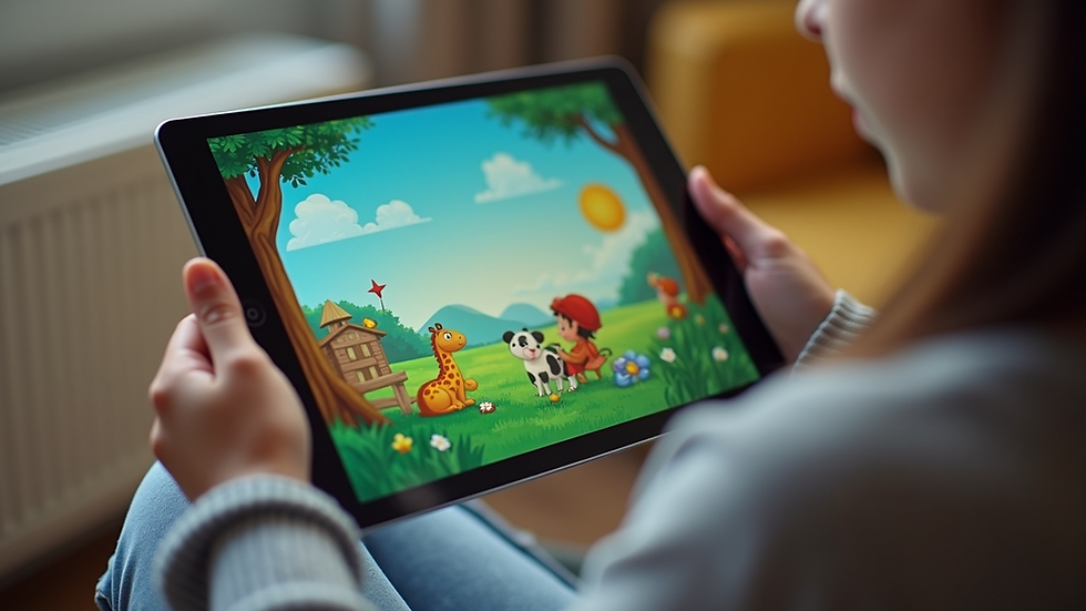 Eye-level view of a tablet displaying a colorful interactive storybook