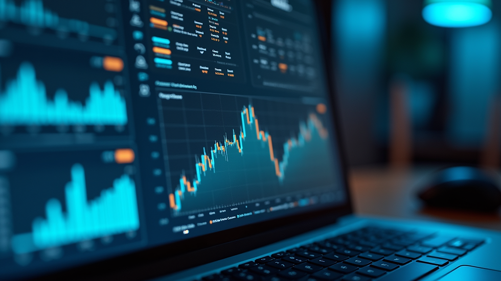 Eye-level view of a computer screen displaying data analytics graphs